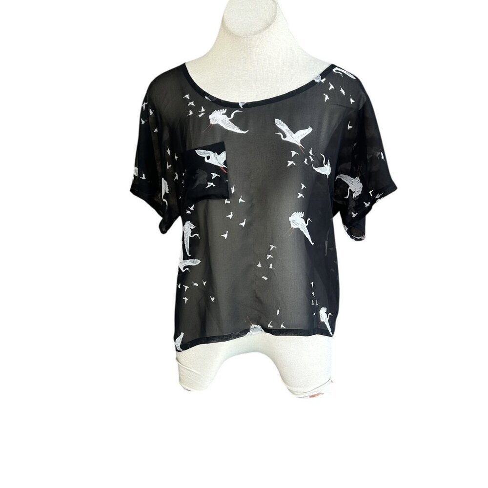 Patterson J Kincaid Black Sheer Asian Crane Short Sleeve Top Blouse Size XS
